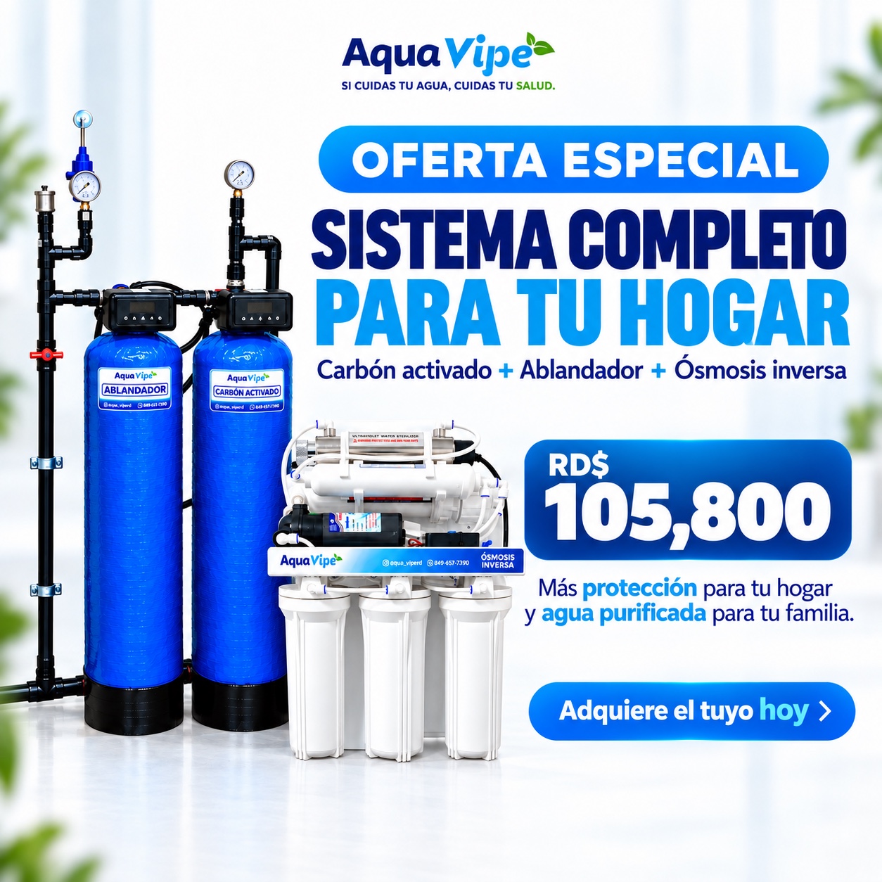 Oferta Aqua Vipe: carbón activado, ablandador y ósmosis inversa por RD$105,800